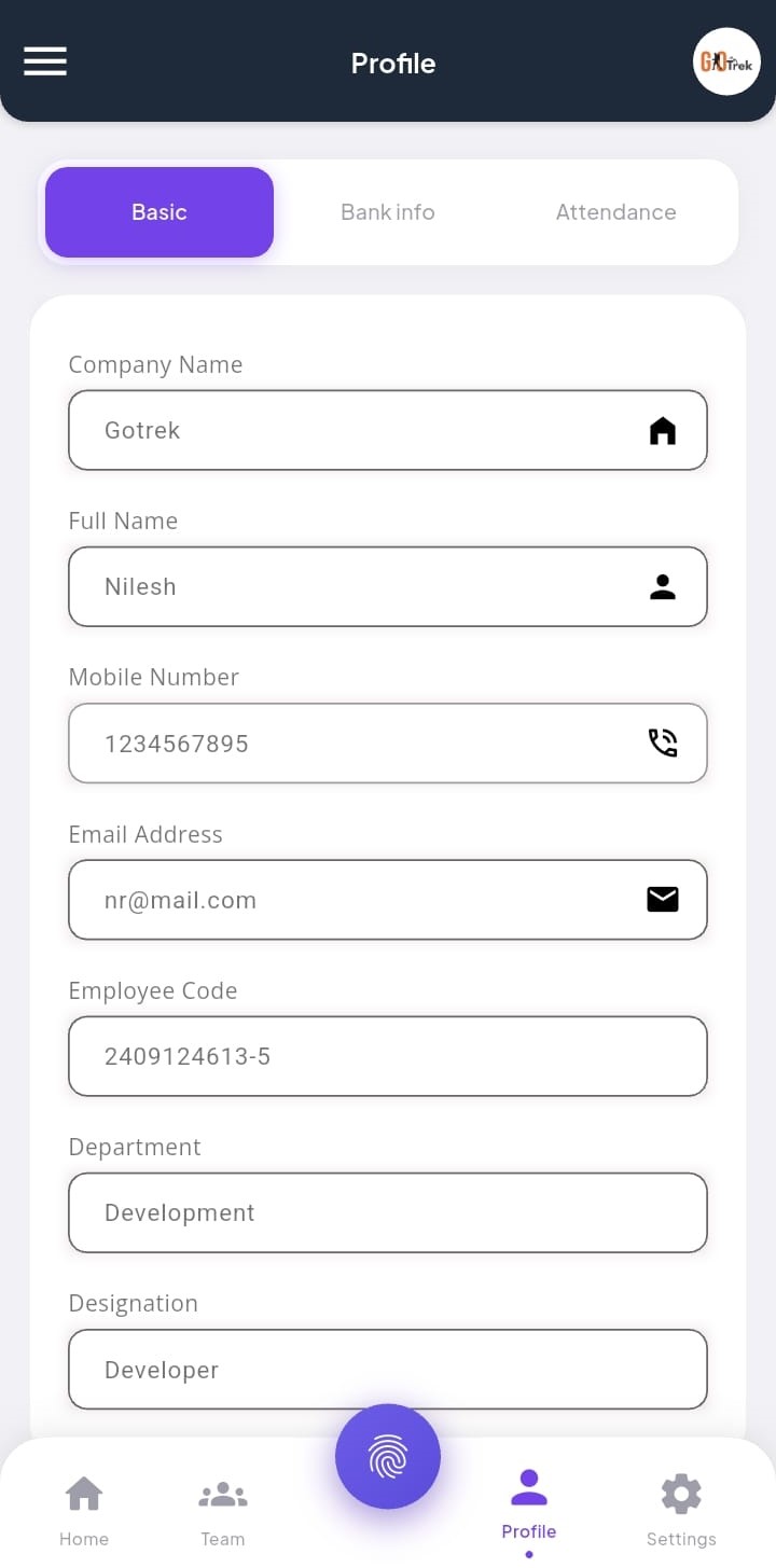 PayrollX employee app profile details screen